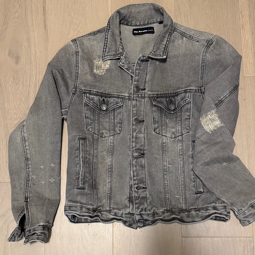The Kooples Charcoal Black Jean Jacket with Distressed Accents